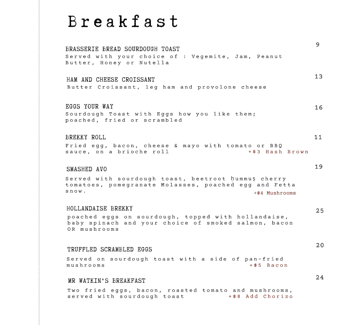 Menu, Mr Watkins Bar