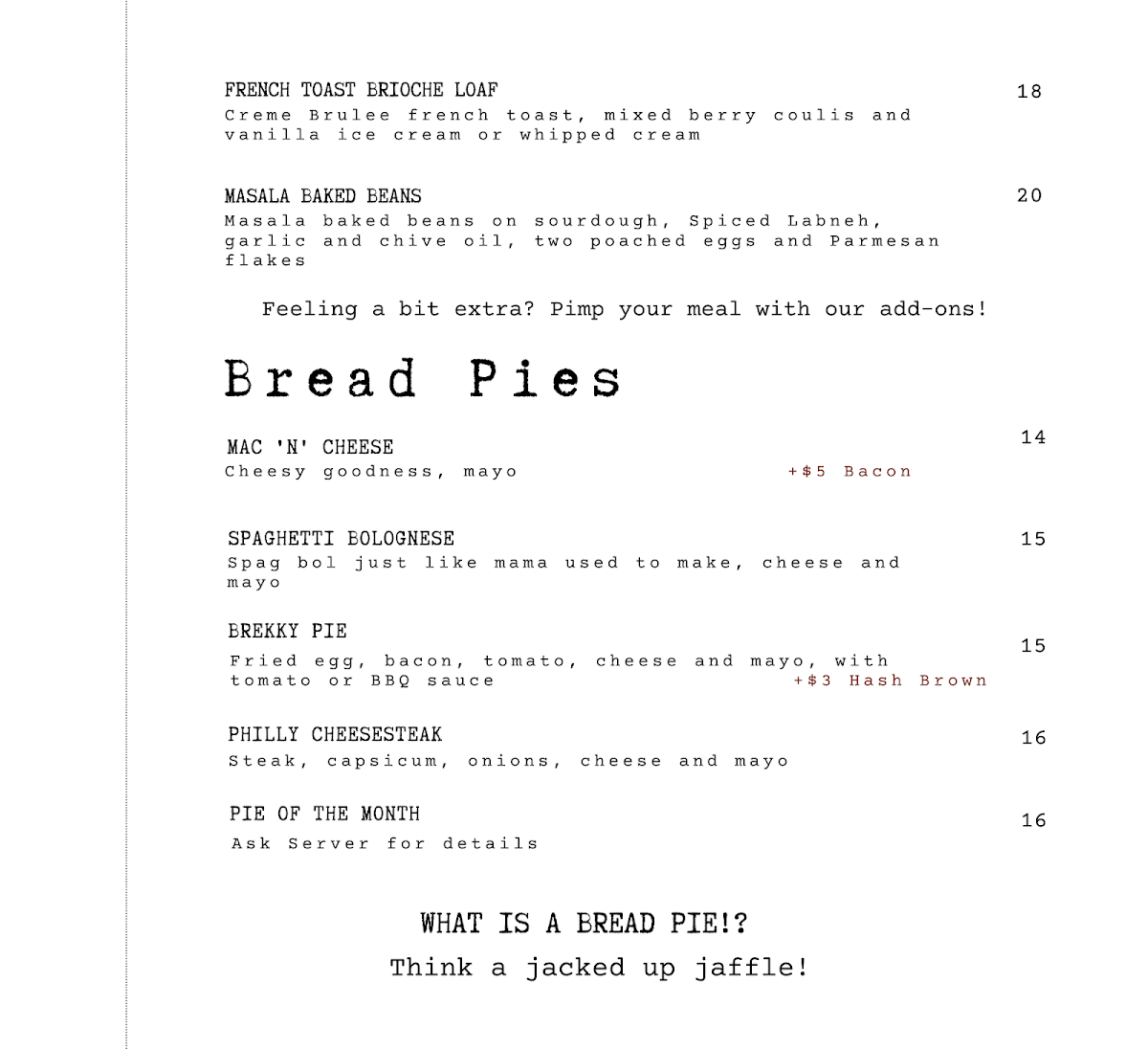 Menu, Mr Watkins Bar