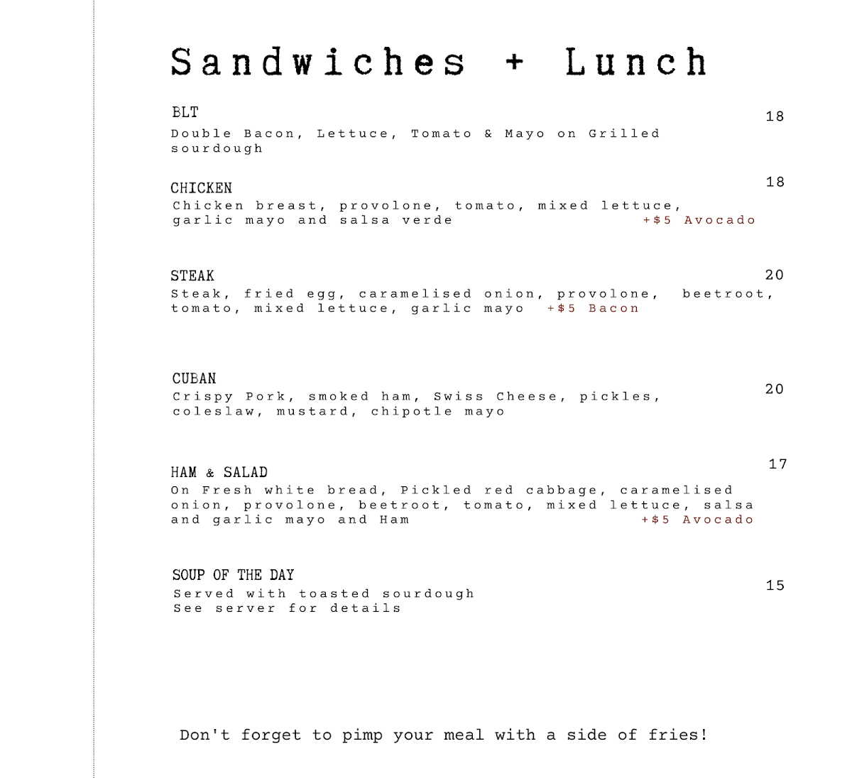 Menu, Mr Watkins Bar