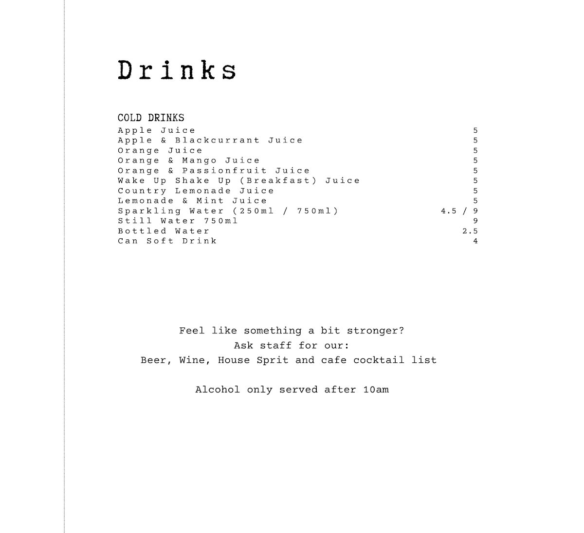 Menu, Mr Watkins Bar