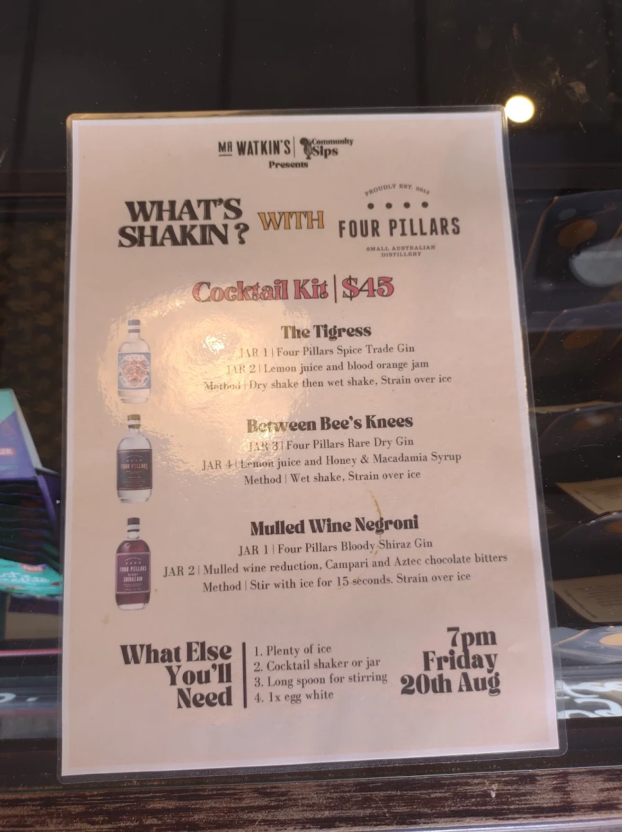 Menu, Mr Watkins Bar