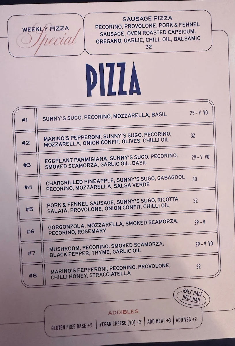 Menu, Sunny's Pizza