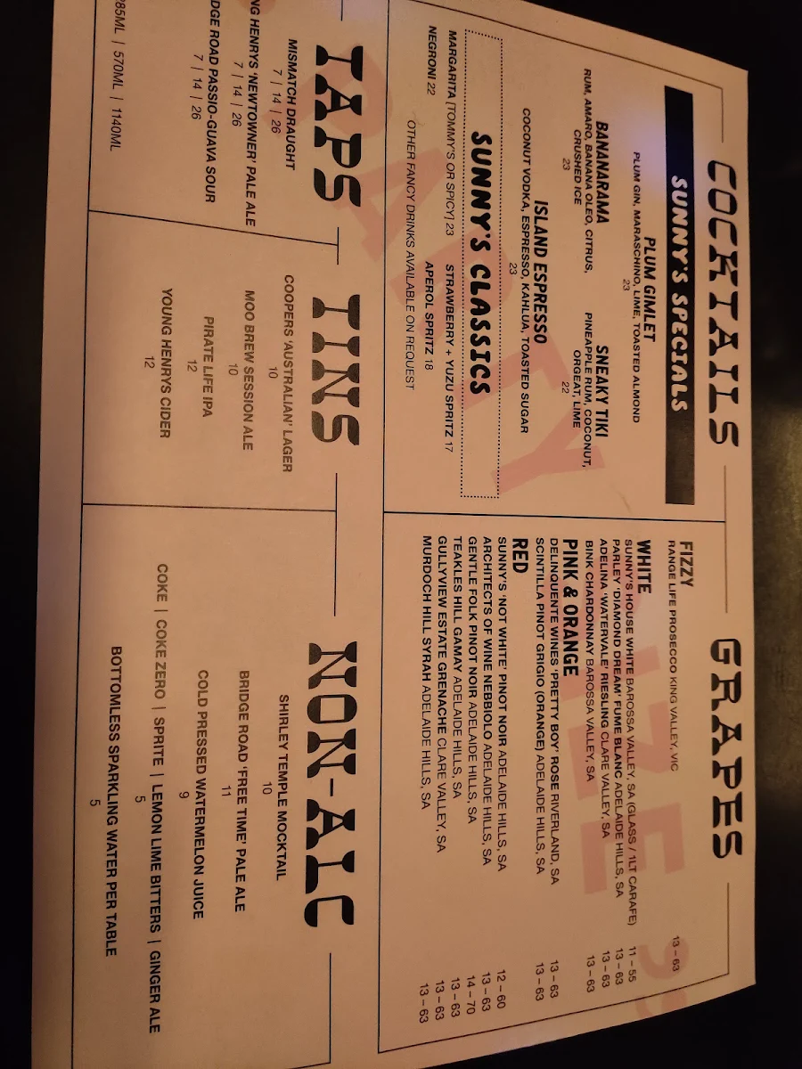 Menu, Sunny's Pizza