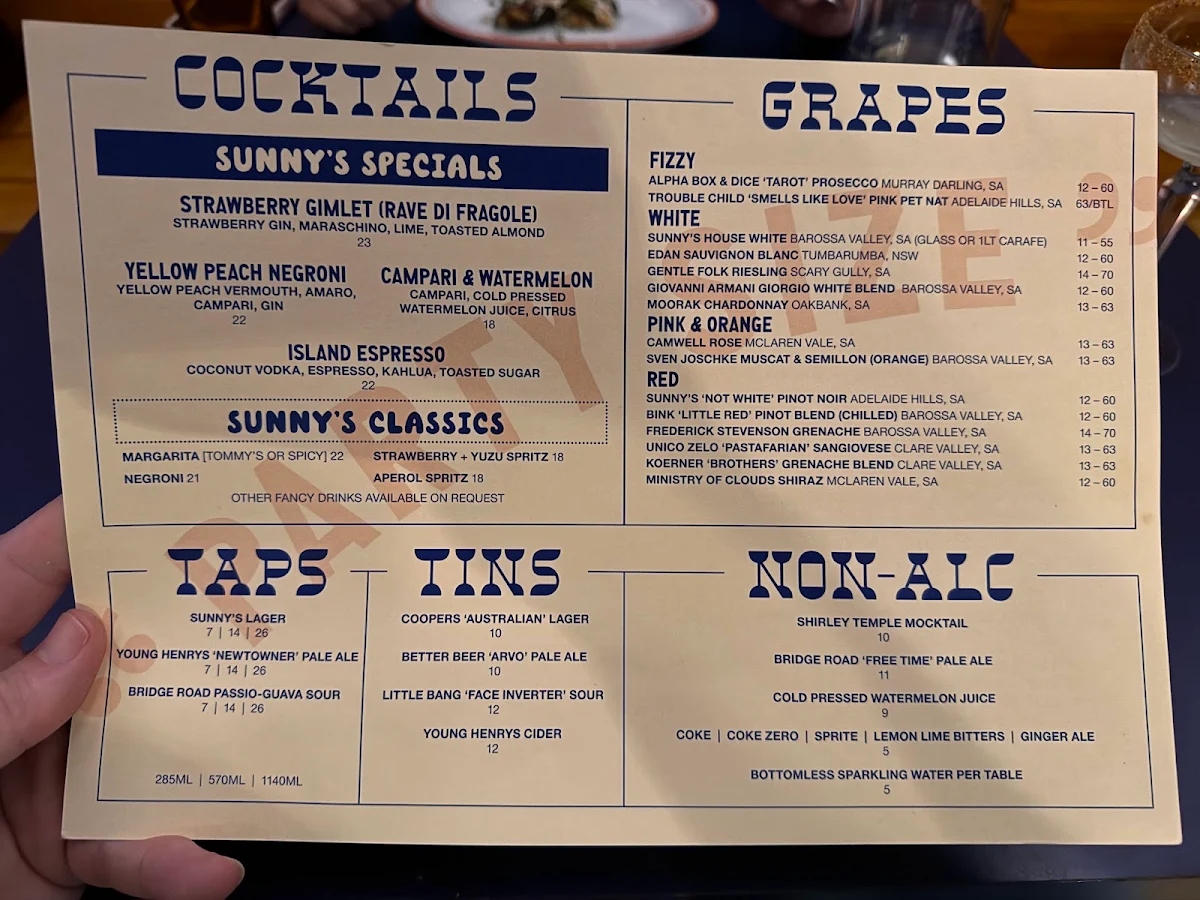 Menu, Sunny's Pizza