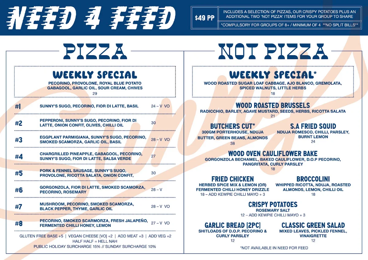 Menu, Sunny's Pizza