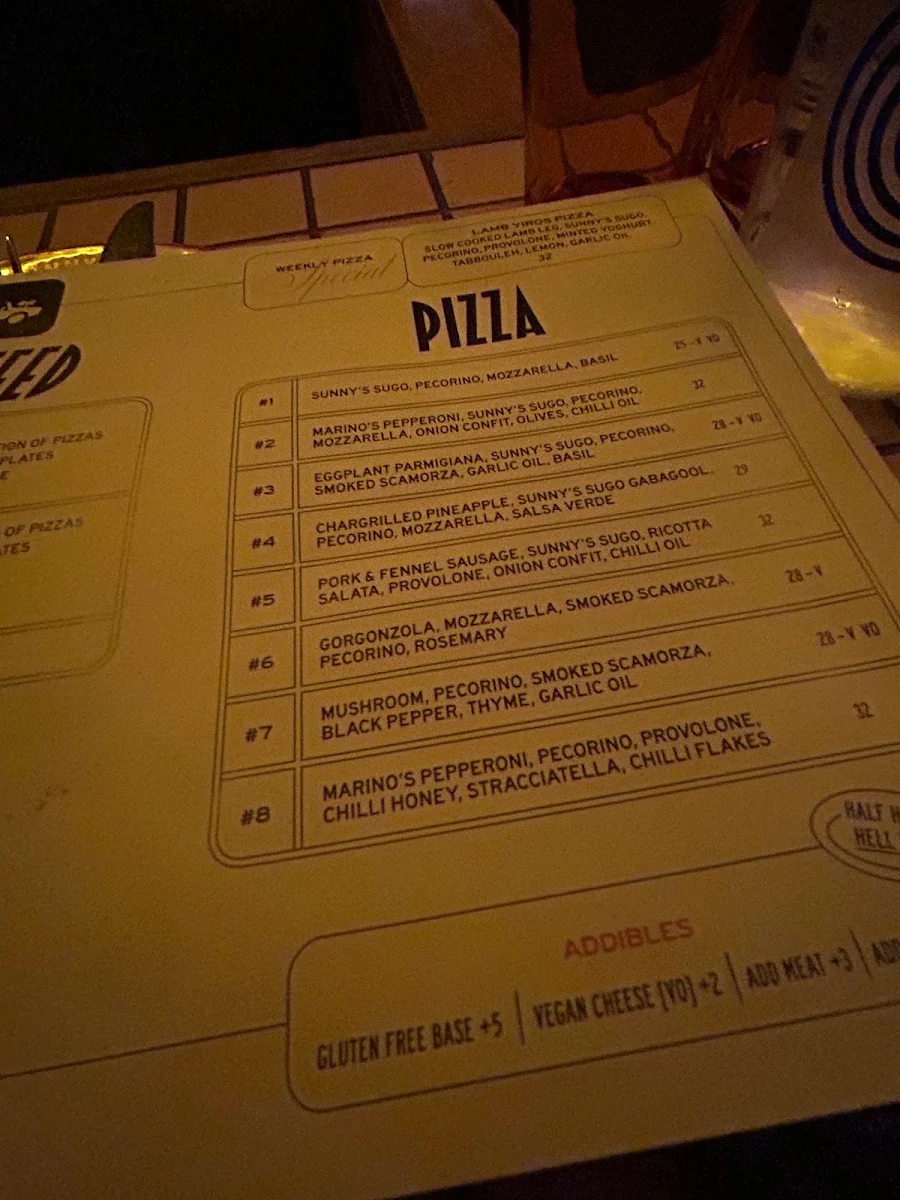 Menu, Sunny's Pizza