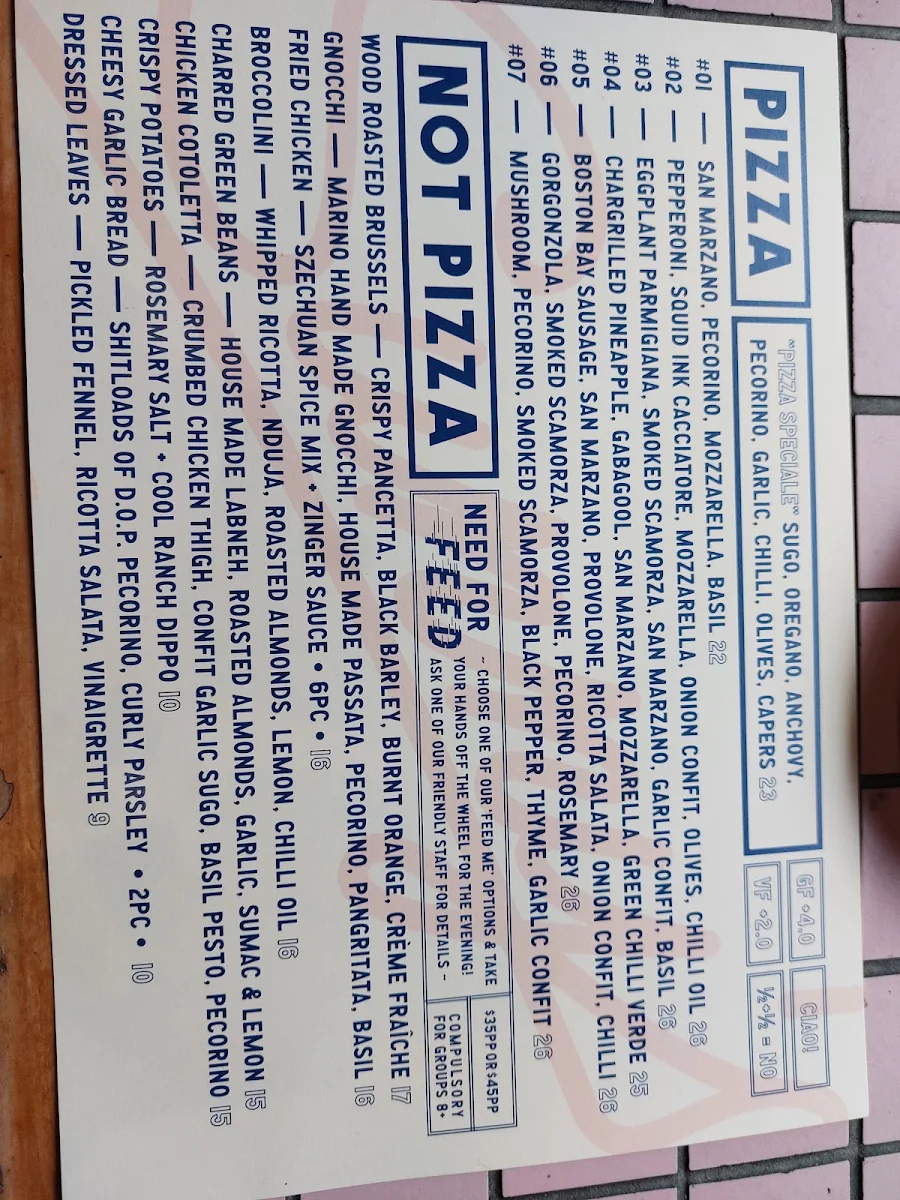 Menu, Sunny's Pizza
