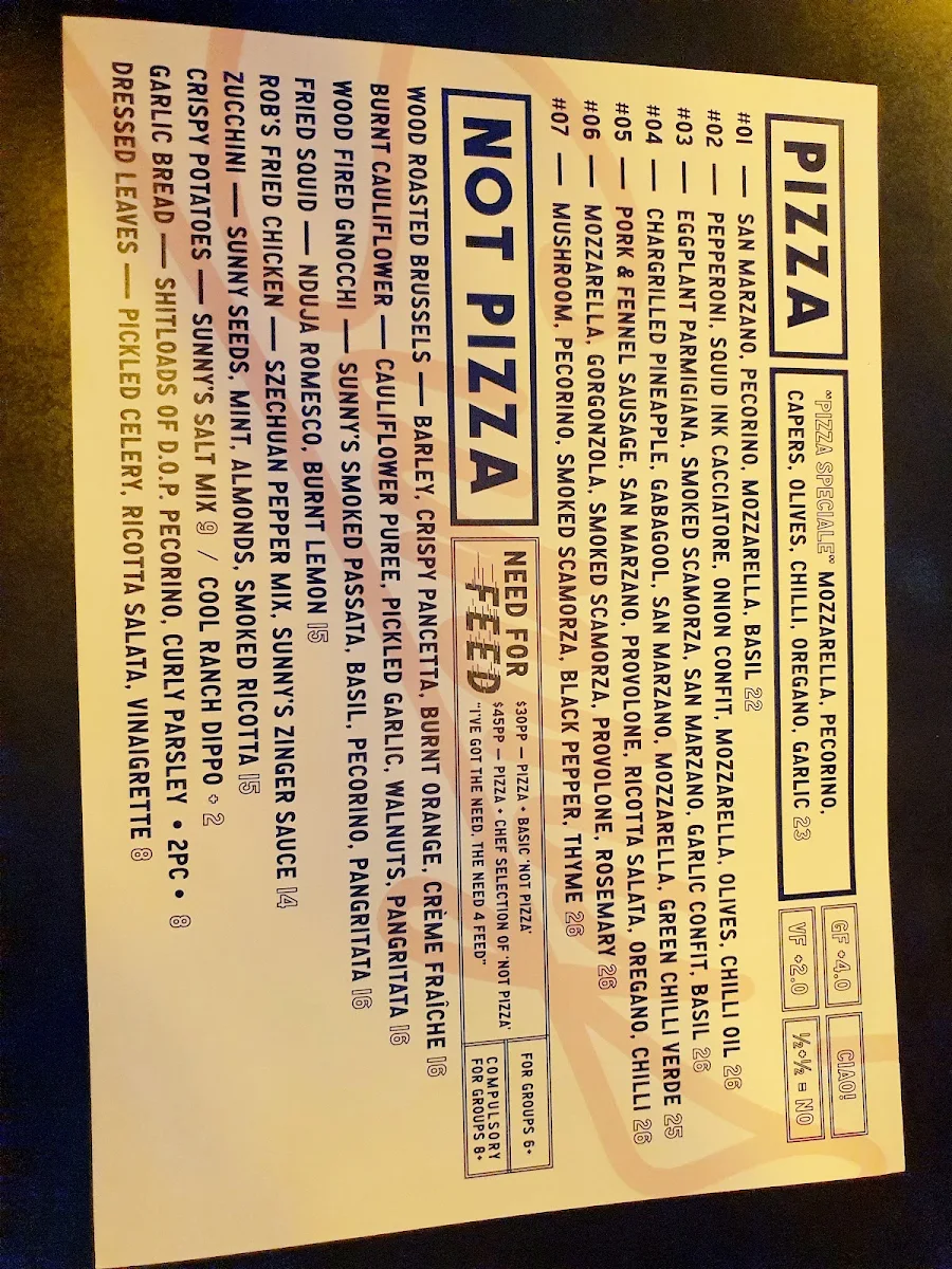 Menu, Sunny's Pizza