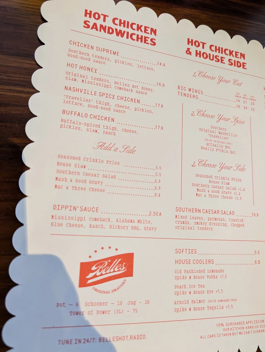 Menu, Belles Hot Chicken