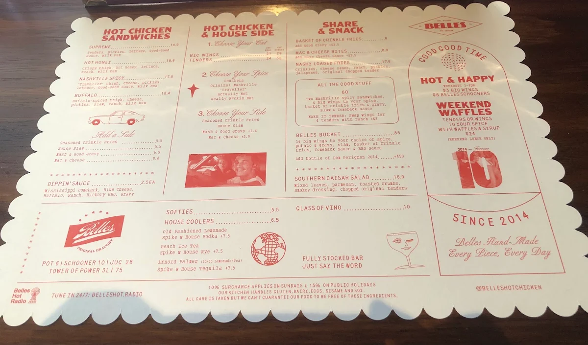 Menu, Belles Hot Chicken