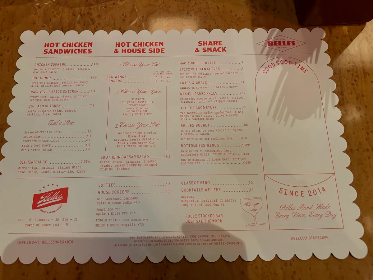 Menu, Belles Hot Chicken
