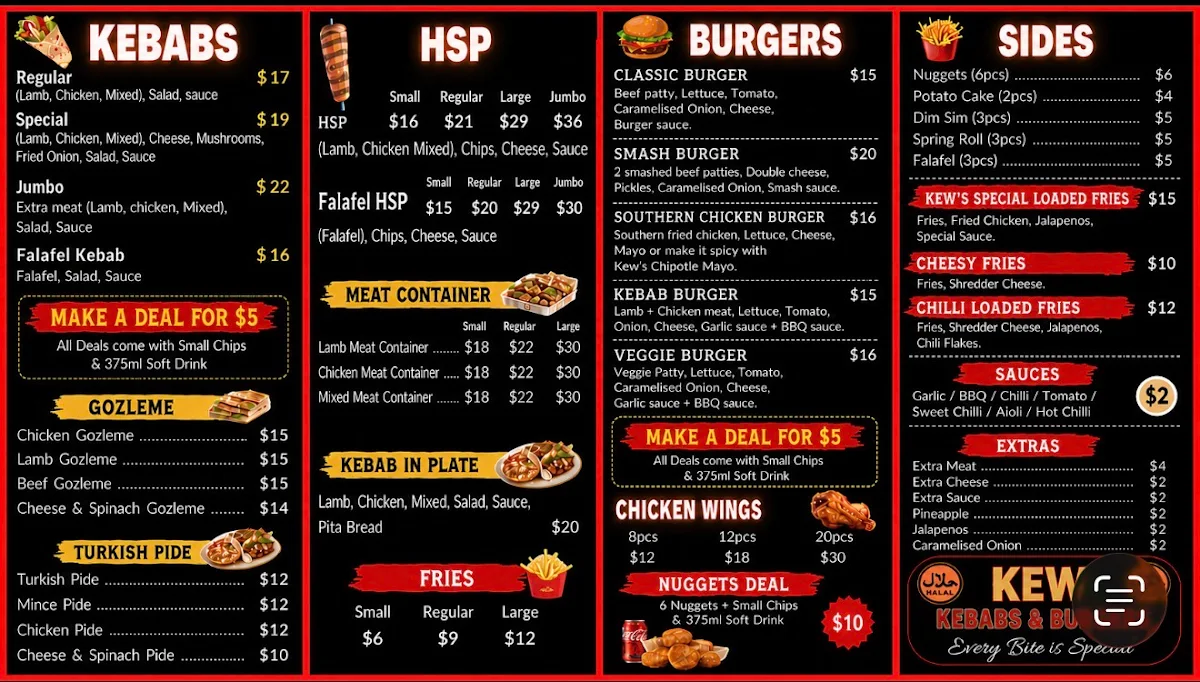 Menu, Kew Kebab House
