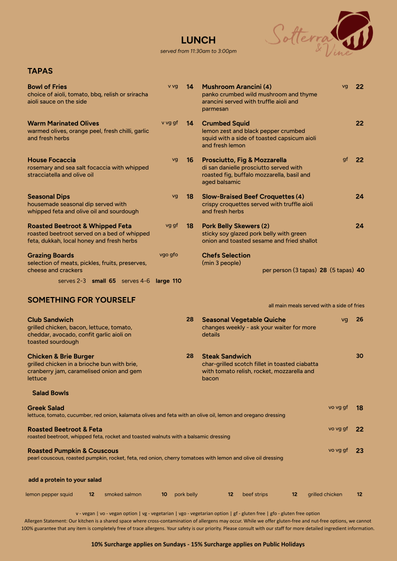 Menu, Solterra & Vine - Cafe, Restaurant & Events