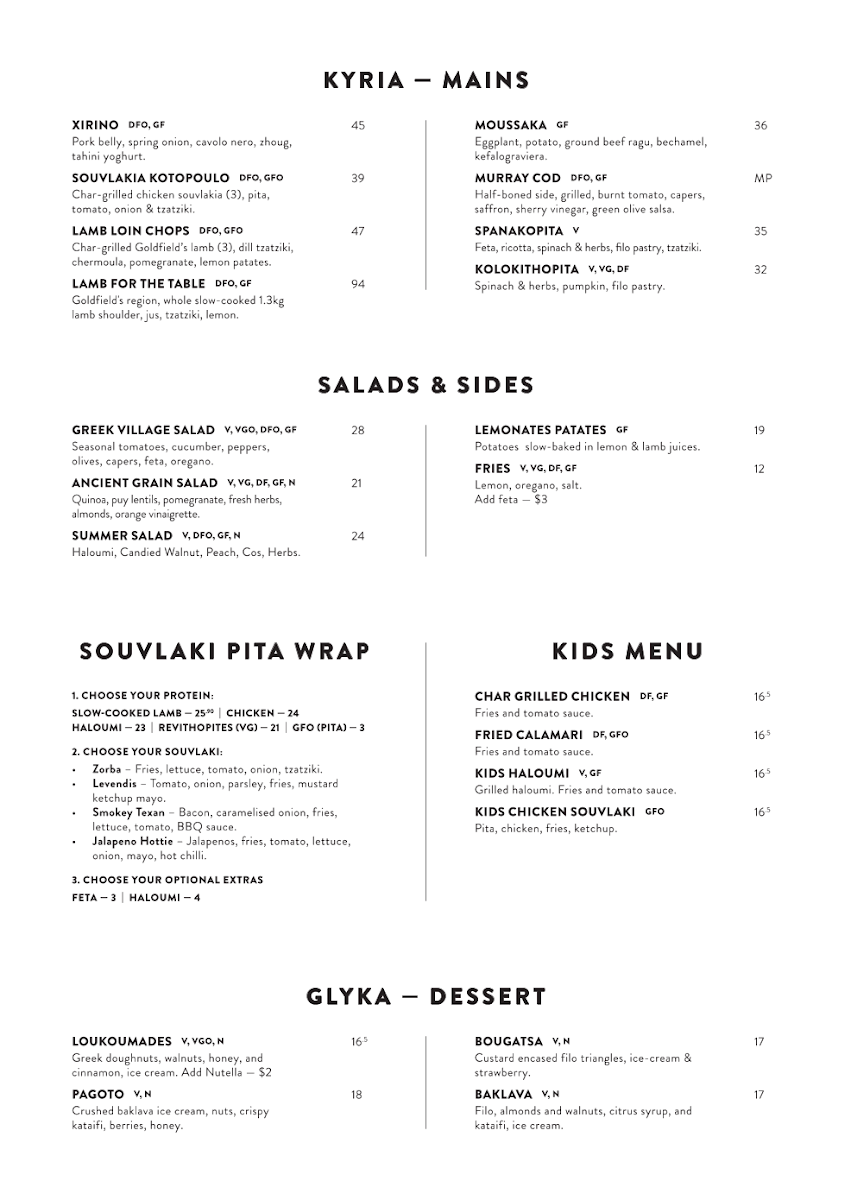 Menu, Xenia Main Beach