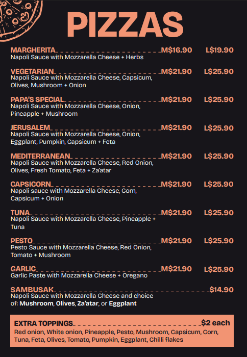 Menu, Papa's Pitstop