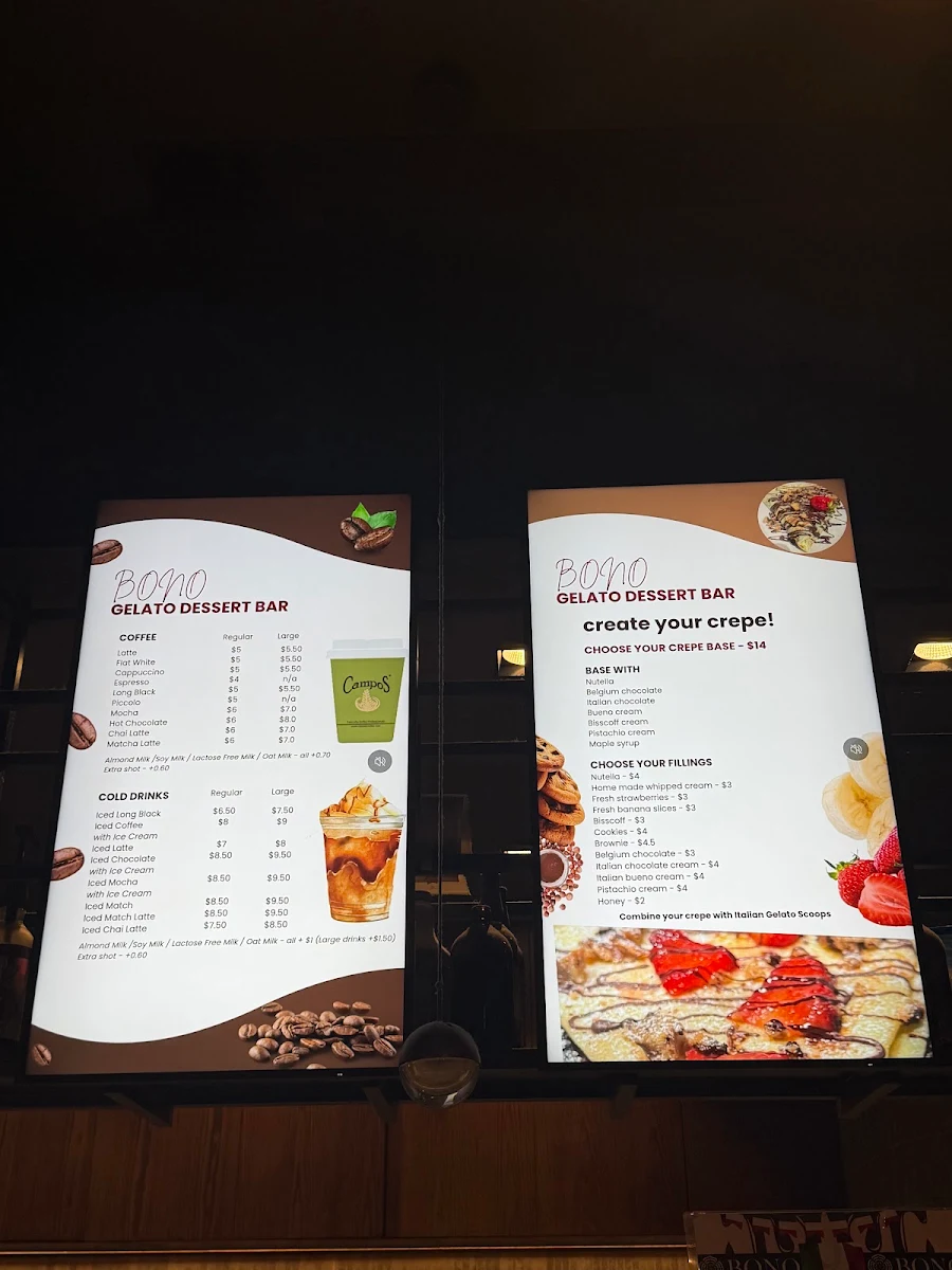 Menu, BONO Gelato,Crepes & Dessert Shop