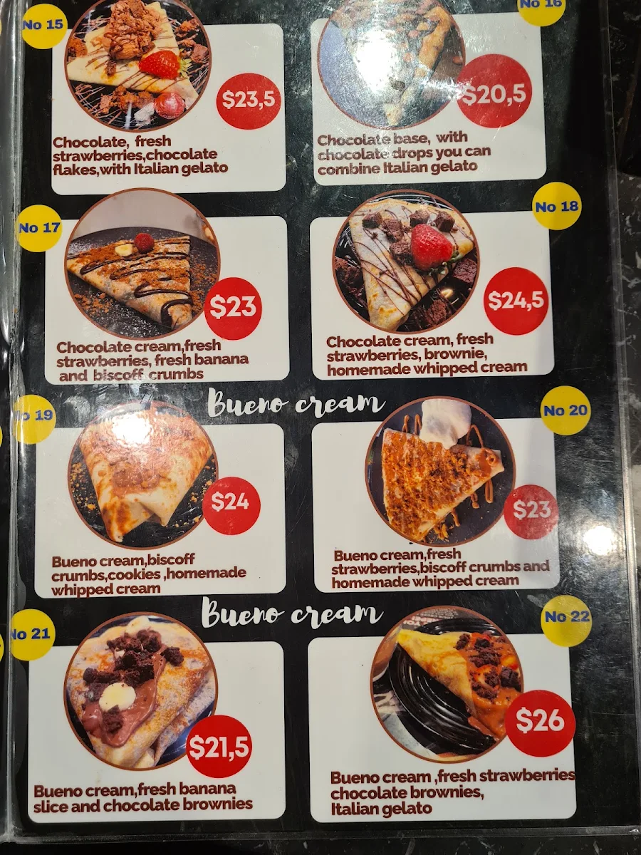 Menu, BONO Gelato,Crepes & Dessert Shop