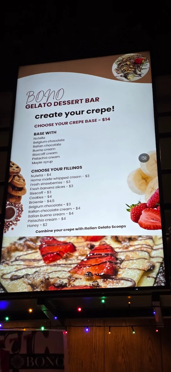 Menu, BONO Gelato,Crepes & Dessert Shop