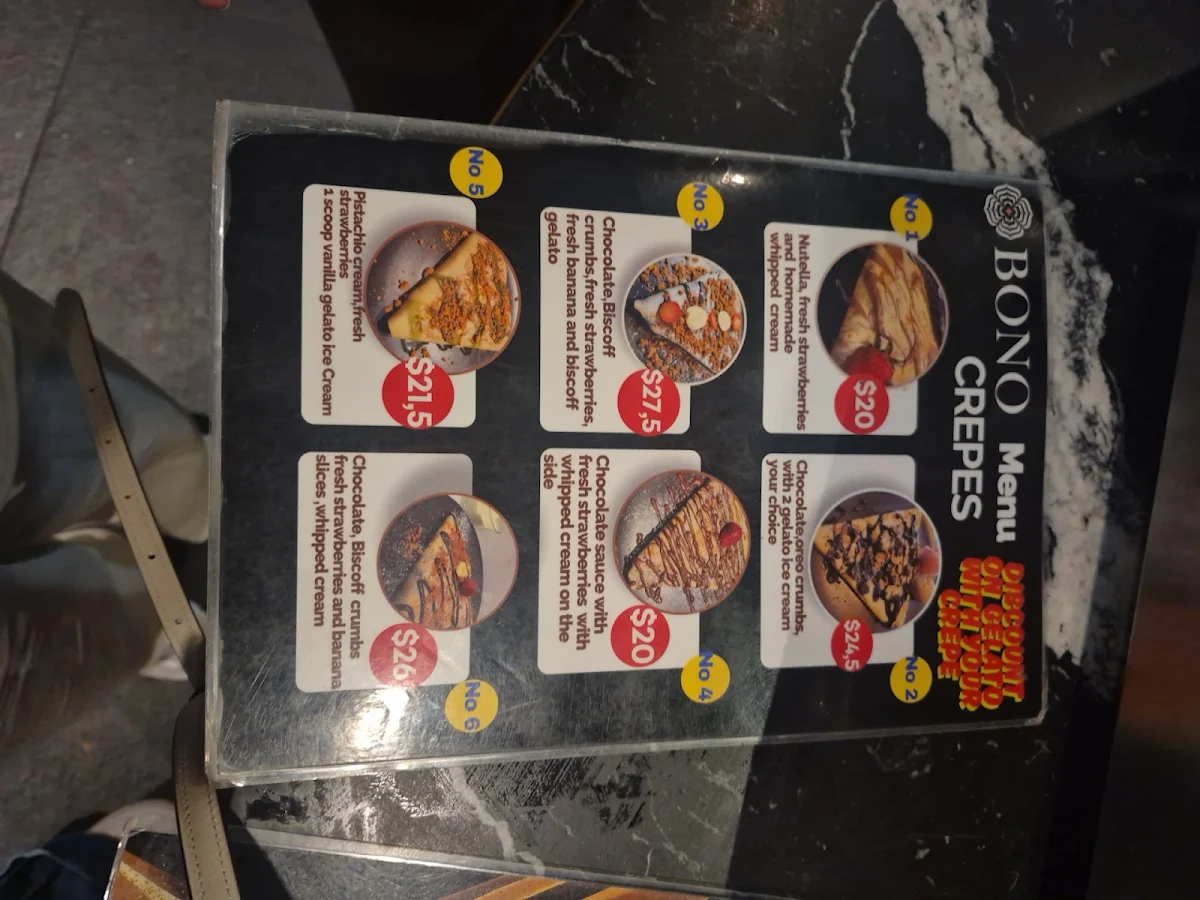 Menu, BONO Gelato,Crepes & Dessert Shop