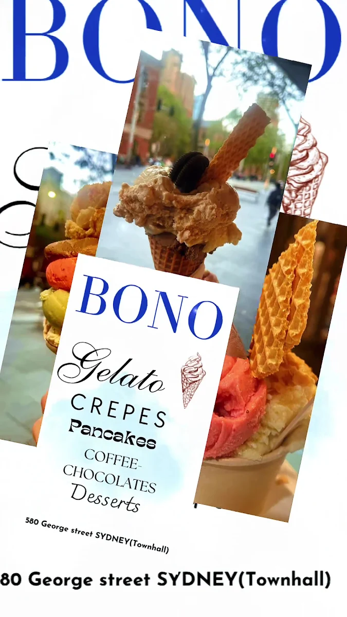 Menu, BONO Gelato,Crepes & Dessert Shop