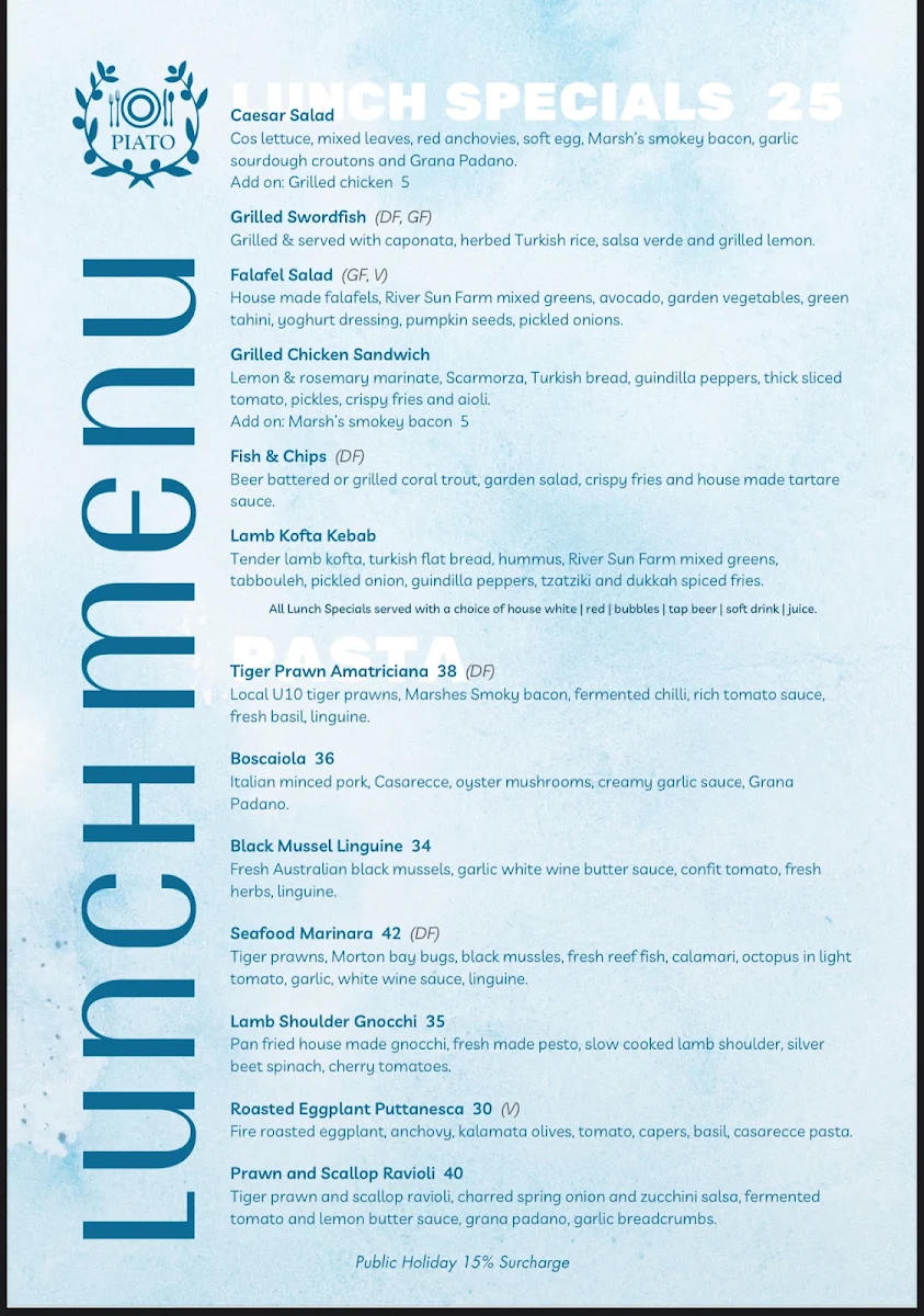 Menu, Piato Mediterranean Restaurant