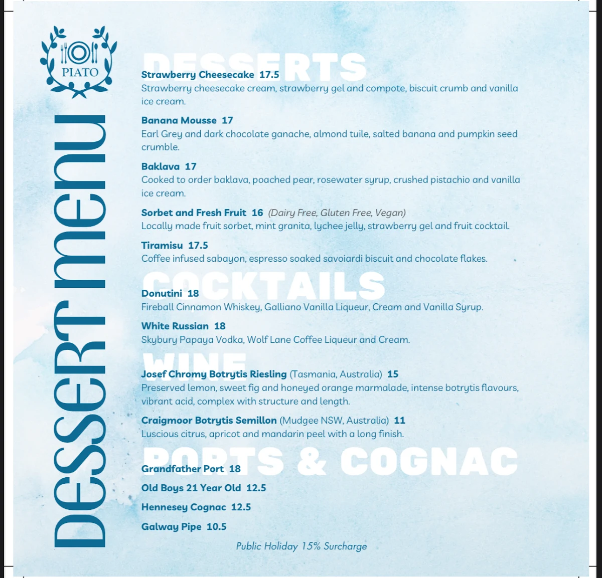 Menu, Piato Mediterranean Restaurant