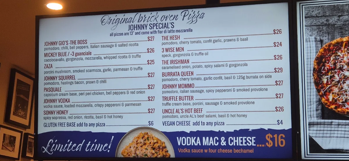 Menu, Johnny Gio's Pizza Chatswood
