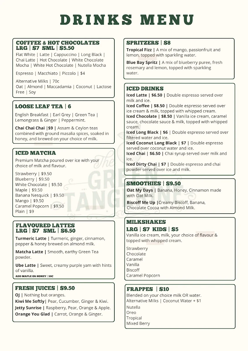 Menu, Green Tangerine Long Jetty
