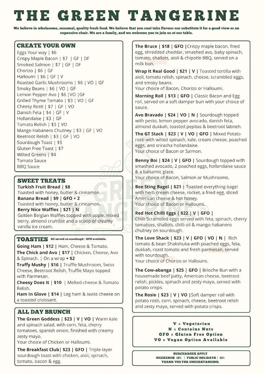 Menu, Green Tangerine Long Jetty
