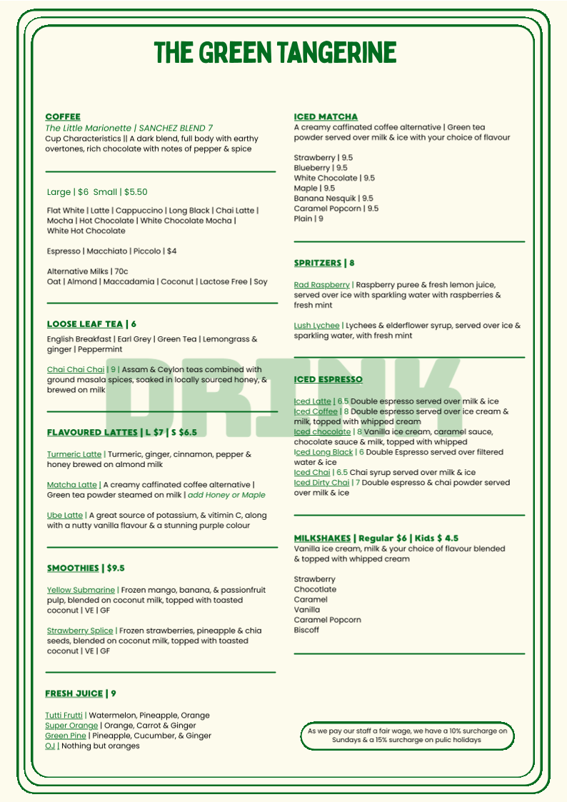 Menu, Green Tangerine Long Jetty