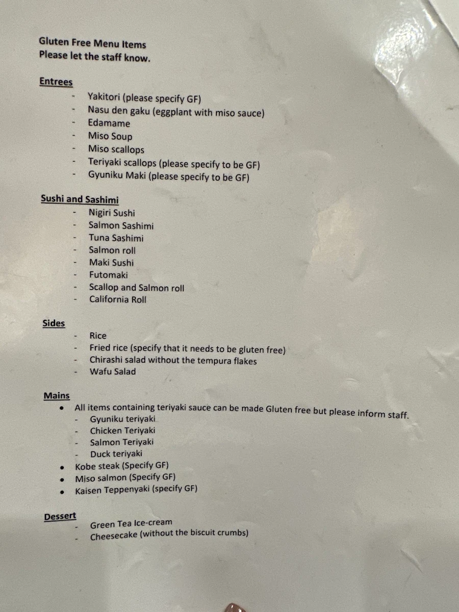Menu, Japan Inn