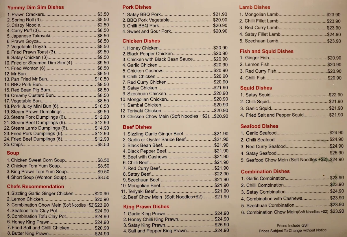 Menu, Mr Bun Chinese Restaurant