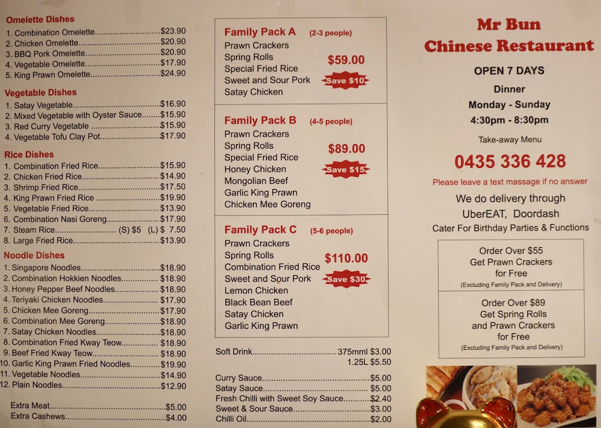 Menu, Mr Bun Chinese Restaurant