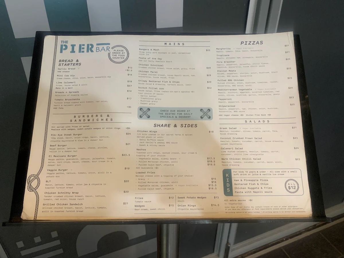 Menu, The Pier Bar