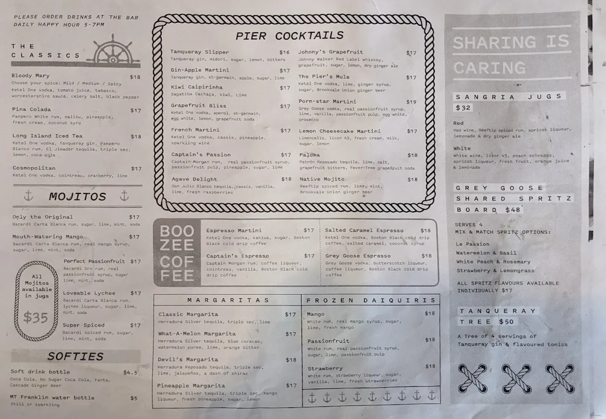 Menu, The Pier Bar