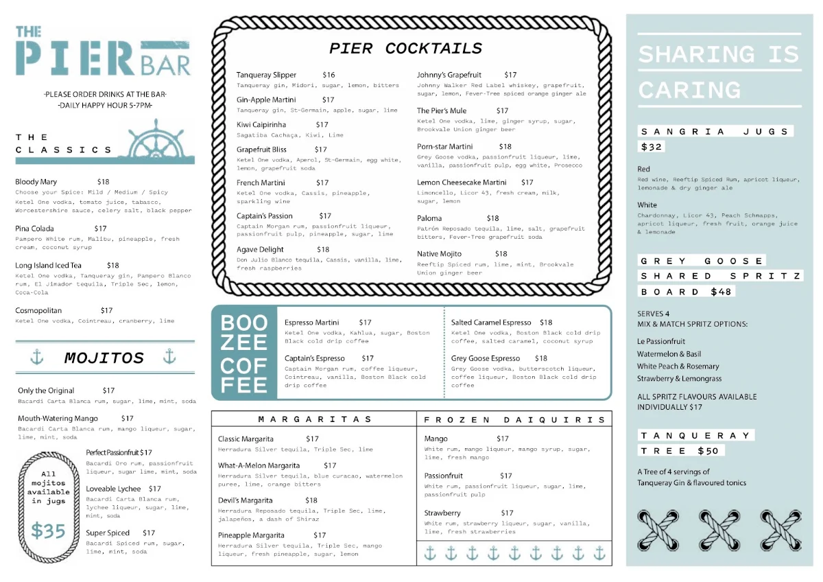 Menu, The Pier Bar