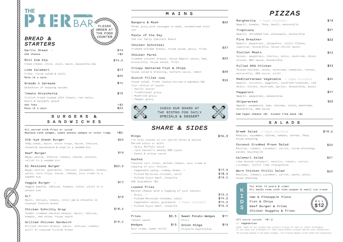 Menu, The Pier Bar