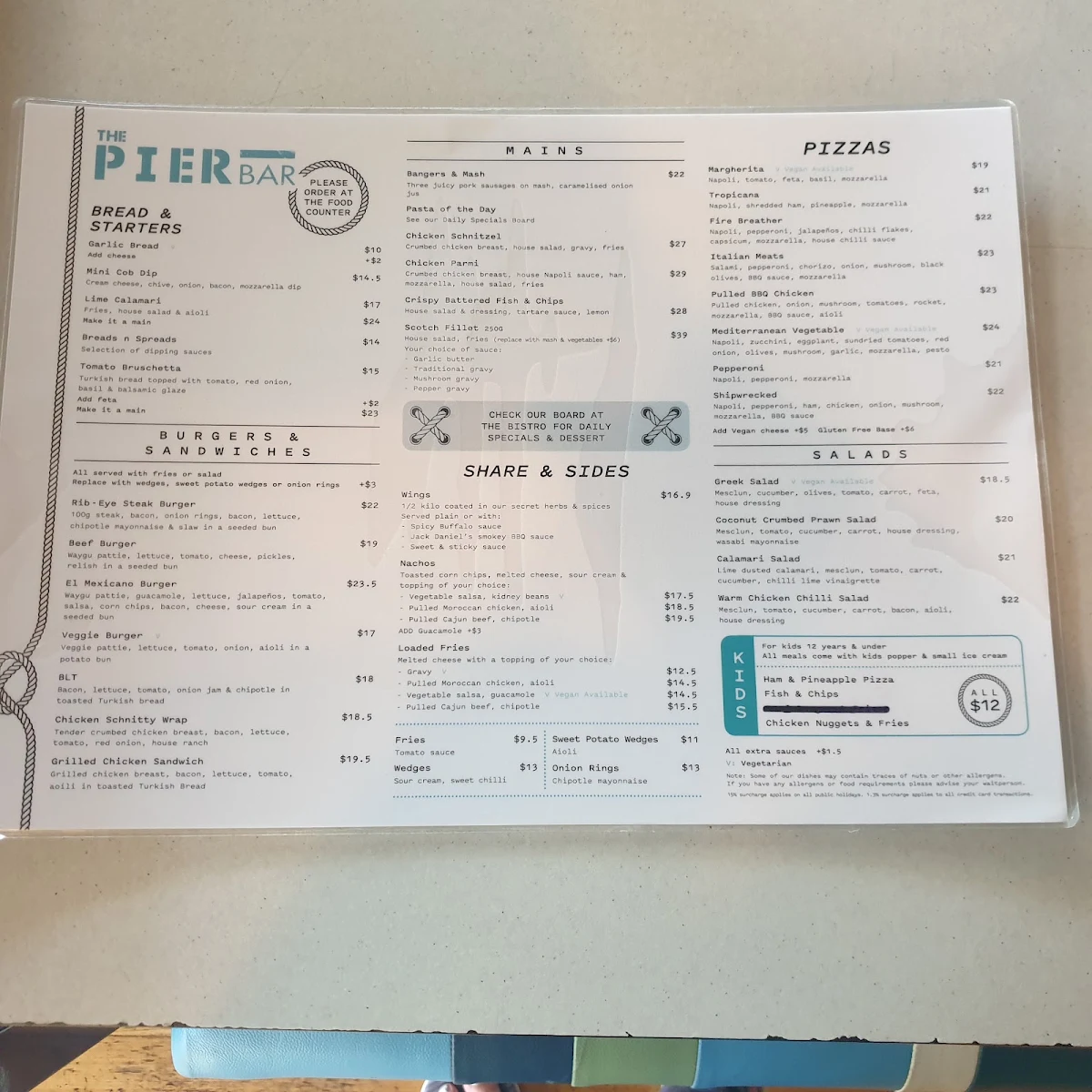 Menu, The Pier Bar