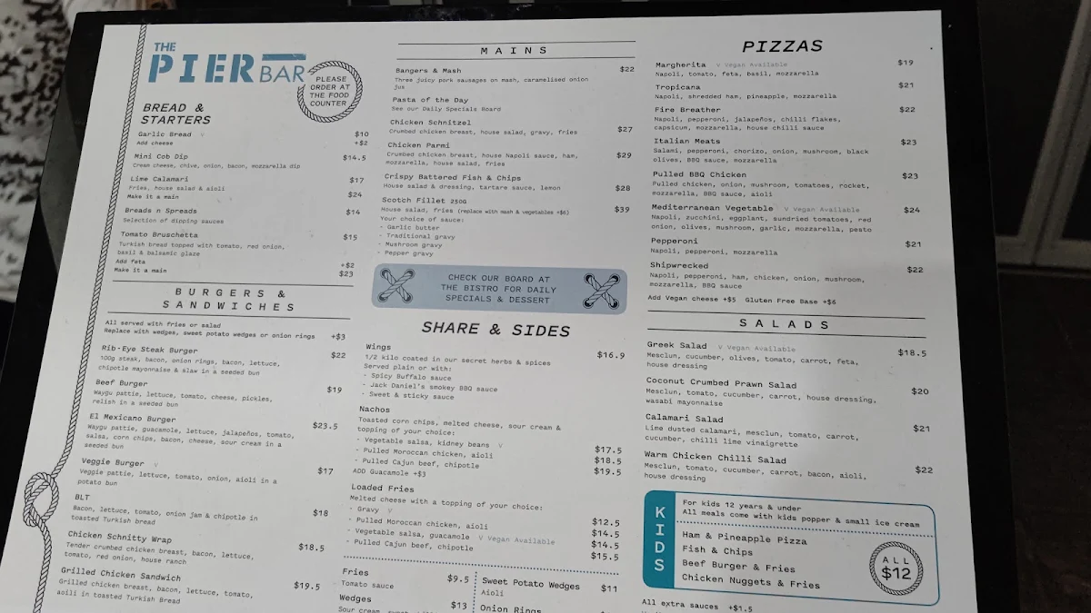 Menu, The Pier Bar