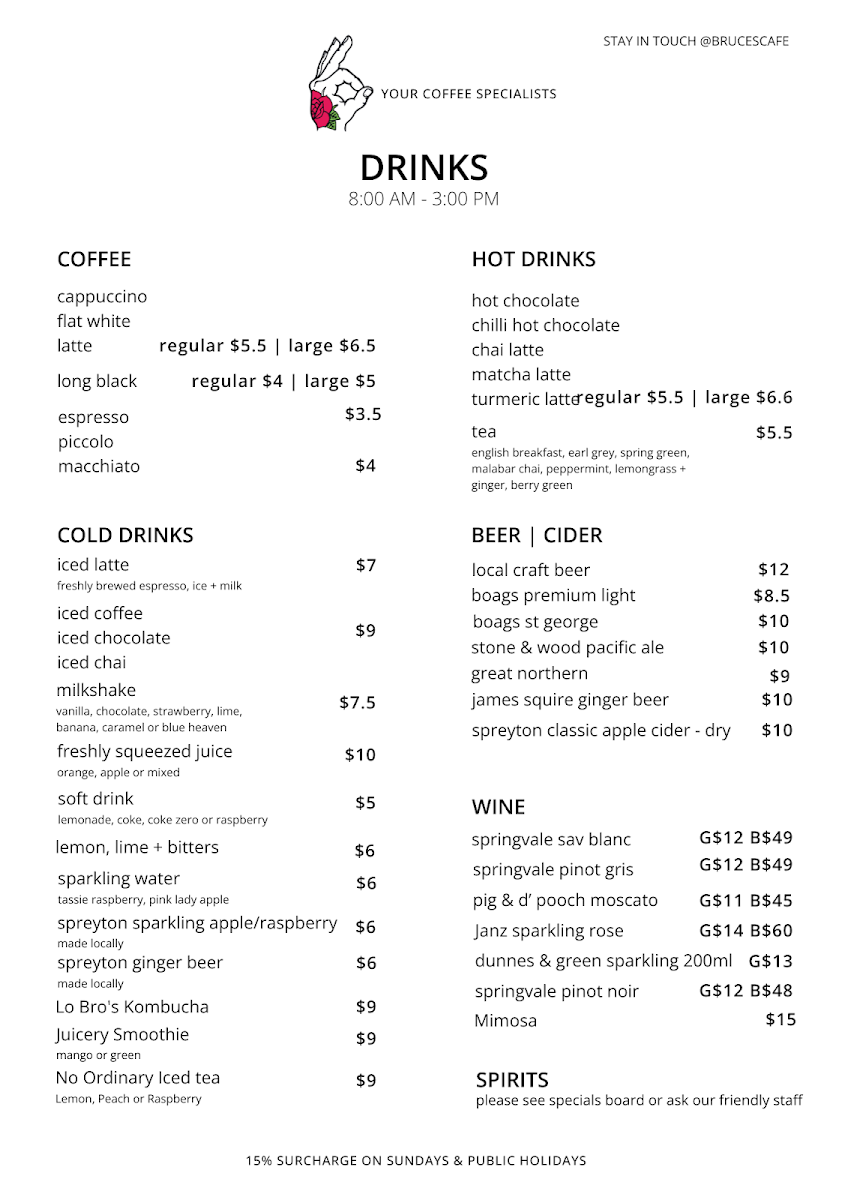 Menu, Bruce's Cafe