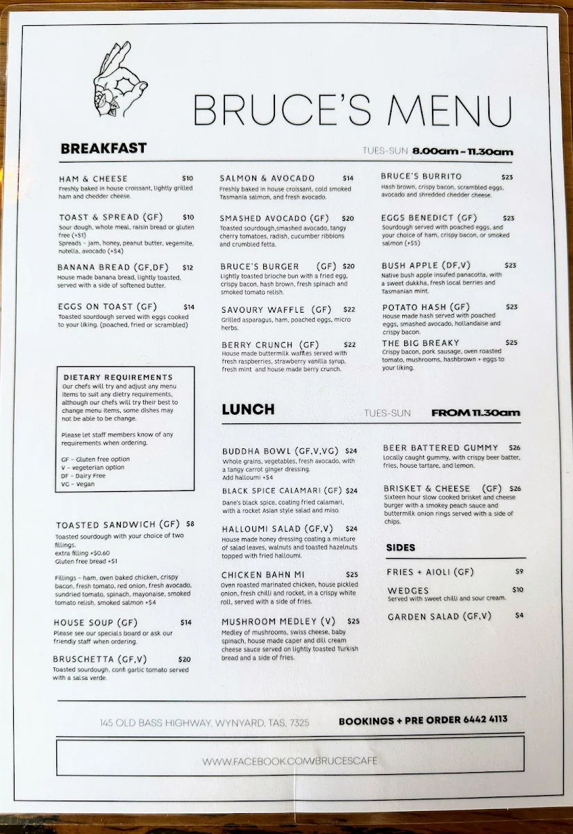 Menu, Bruce's Cafe