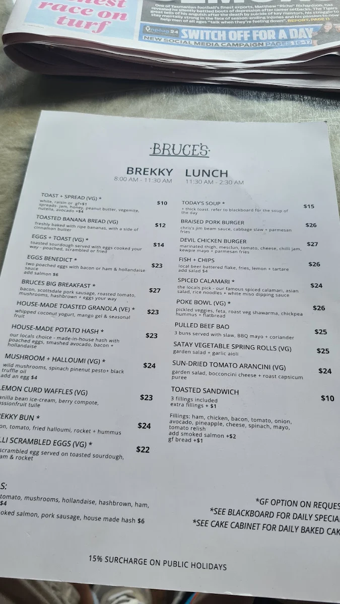 Menu, Bruce's Cafe
