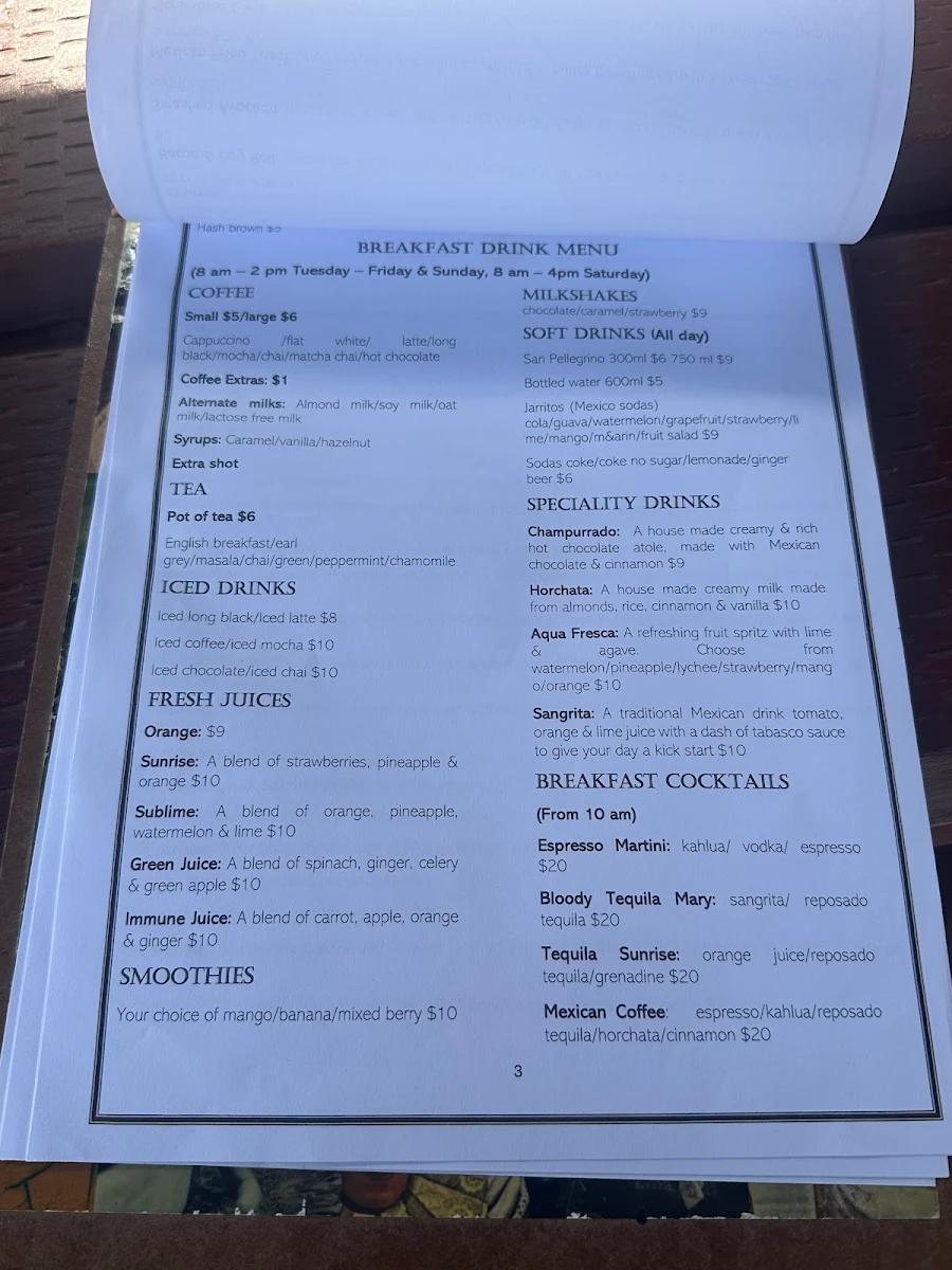 Menu, Frida's Cantina