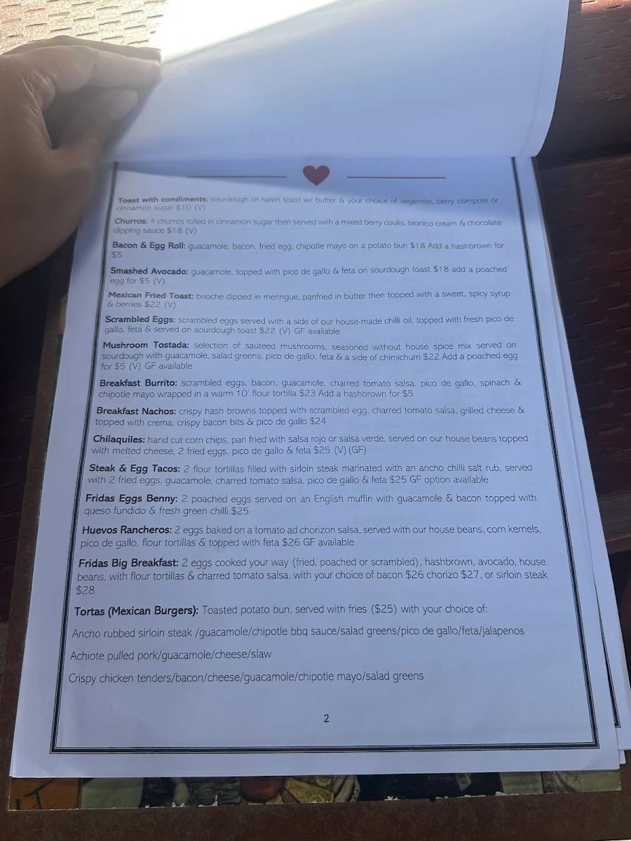 Menu, Frida's Cantina