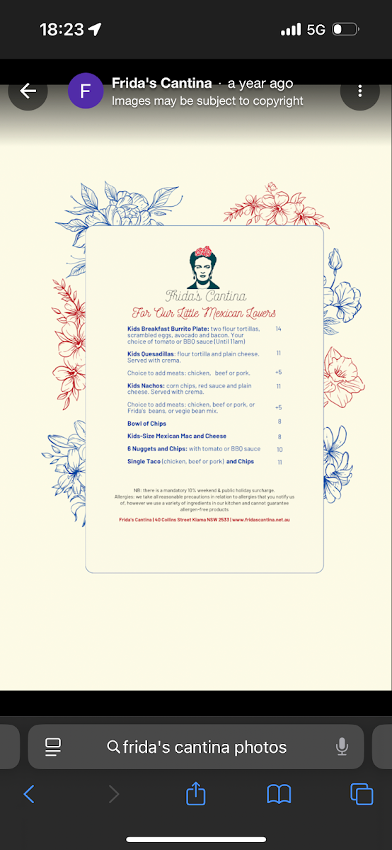 Menu, Frida's Cantina