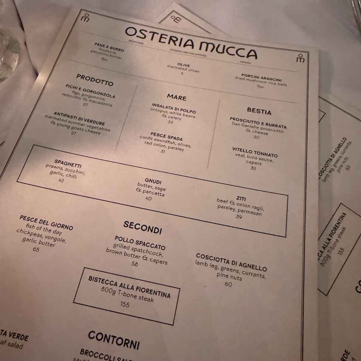 Menu, Osteria Mucca Newtown