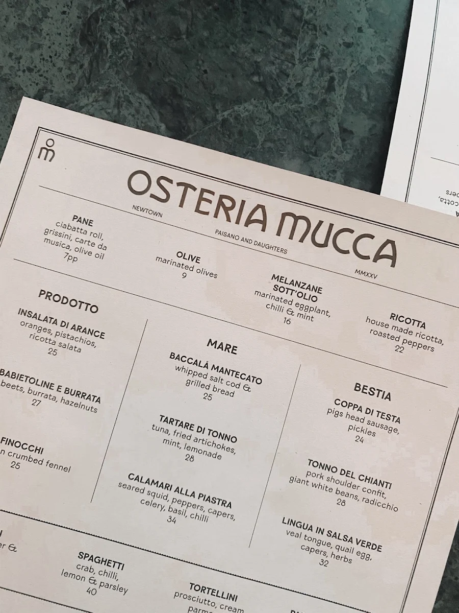 Menu, Osteria Mucca Newtown