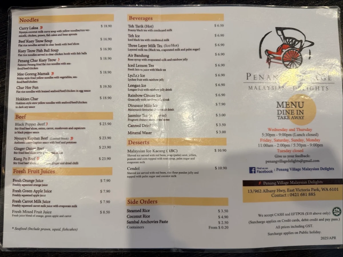 Menu, Penang Village Malaysian Delights
