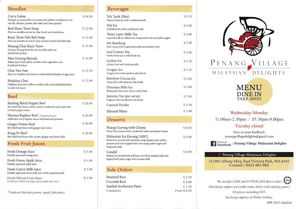 Menu, Penang Village Malaysian Delights