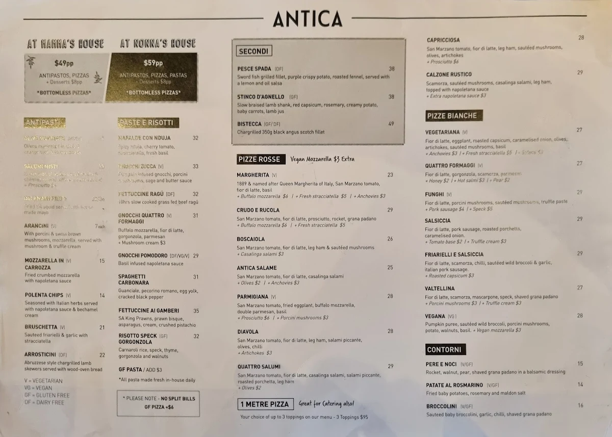 Menu, Antica Pizzeria